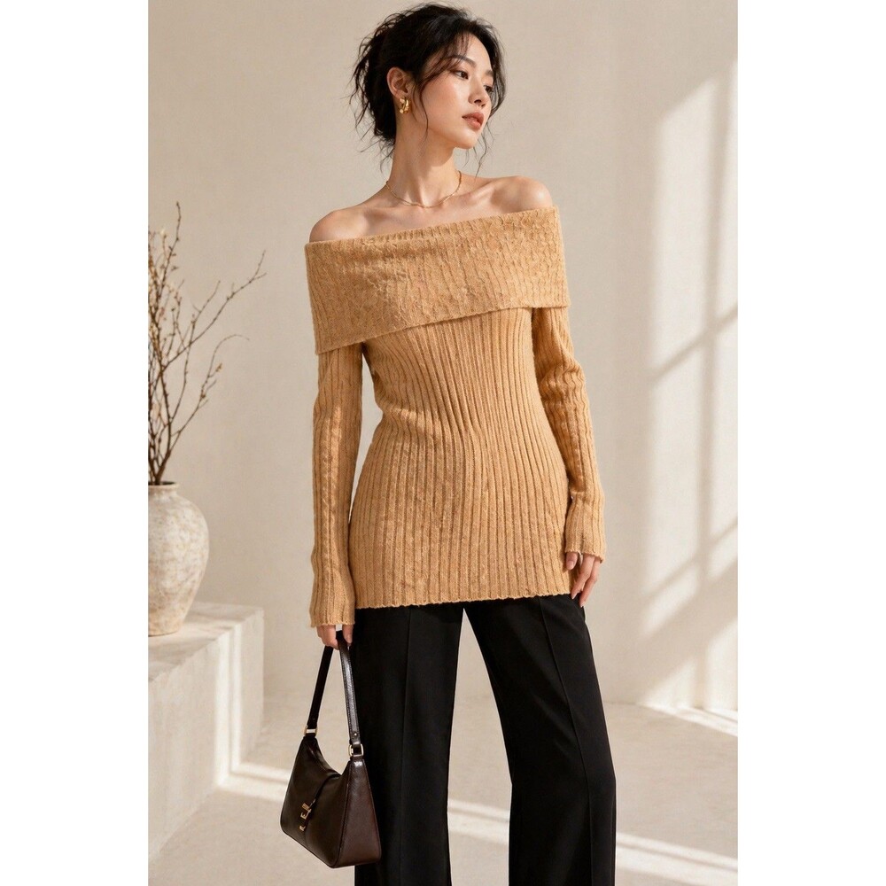 St John Collection Off Shoulder Ribbed Knit Sweater Camel 6 Wool Blend Y2K  2004